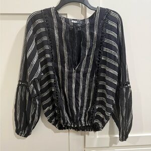 Revolve Beach Riot Black/White Striped Mia Blouse w/cut-out, crochet detail, xs